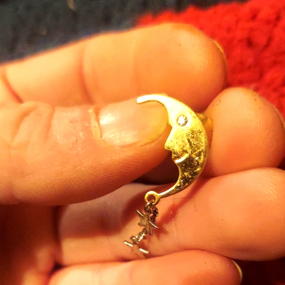 Gold Tone Moon Lapel / Back Pack Pin. Gemmy Eyes, Silver Star Charms